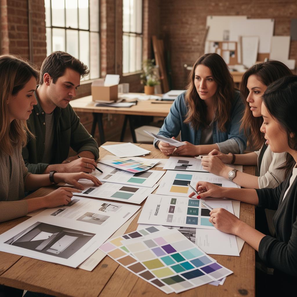 The Vikay Design Server team reviewing brand swatches and printed concepts